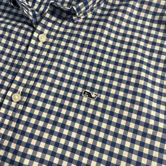 Vineyard Vines Performance Boys Blue / White Gingham Check Whale Shirt Sz XL 18 - Picture 5 of 8